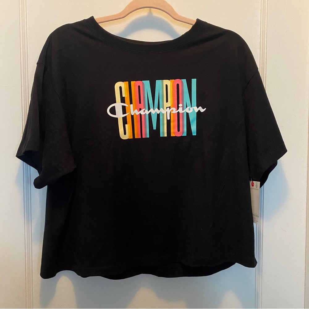 Women’s Champion Black Cropped Rainbow Logo Tee - XL NWT